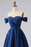 Off the Shoulder Navy Satin A-Line Long Prom Dress with Slit