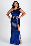 Plus Size Sparkly Dark Blue Long Formal Dress with Slit