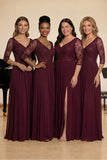 Burgundy A-Line Lace Half Sleeves Long Choir Dress with Slit