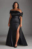 Black Plus Size Off The Shoulder Satin Long Formal Dress