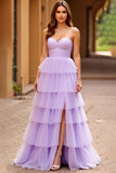 Lilac A Line Spaghetti Straps Tiered Tulle Long Prom Dress with Slit