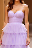Lilac A Line Spaghetti Straps Tiered Tulle Long Prom Dress with Slit