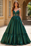 Dark Green Spaghetti Straps Satin Ball Gown Prom Dress