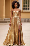 Gold Spaghetti Straps Glitter Long Prom Dress with Slit