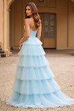 Sky Blue Spaghetti Straps Tiered Long Tulle Prom Dress