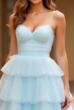 Sky Blue Spaghetti Straps Tiered Long Tulle Prom Dress