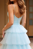 Sky Blue Spaghetti Straps Tiered Long Tulle Prom Dress