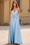 Sparkly Sky Blue Spaghetti Straps Sequin Long Prom Dress with Bowknot