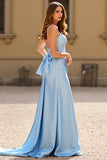 Sparkly Sky Blue Spaghetti Straps Sequin Long Prom Dress with Bowknot