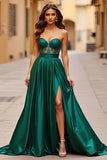 Dark Green A Line Sweetheart Long Satin Prom Dress with Slit