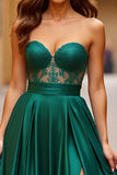 Dark Green A Line Sweetheart Long Satin Prom Dress with Slit