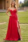 Red A Line Strapless Satin Long Prom Dress with Slit