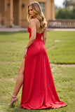 Red A Line Strapless Satin Long Prom Dress with Slit