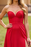 Red A Line Strapless Satin Long Prom Dress with Slit