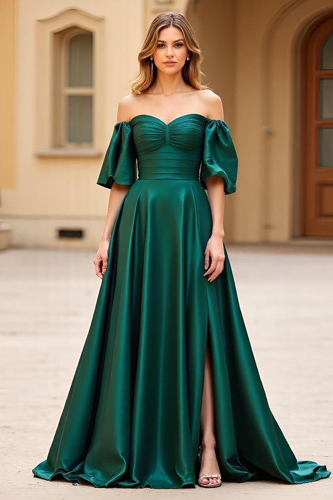 ZAPAKA Women Dark Green Long Satin Prom Dress with Slit Off the