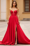 Red A Line Lace Sweetheart Long Prom Dress with Slit