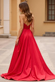 Red A Line Lace Sweetheart Long Prom Dress with Slit