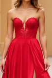 Red A Line Lace Sweetheart Long Prom Dress with Slit