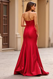 Strapless Lace Red Satin Sheath Prom Dress with Slit