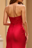 Strapless Lace Red Satin Sheath Prom Dress with Slit