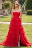 Strapless Tiered Red Tulle A Line Prom Dress with Slit