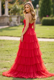 Strapless Tiered Red Tulle A Line Prom Dress with Slit