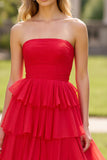 Strapless Tiered Red Tulle A Line Prom Dress with Slit