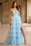 Sky Blue Tulle Tiered Spaghetti Straps A Line Prom Dress