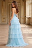 Sky Blue Tulle Tiered Spaghetti Straps A Line Prom Dress