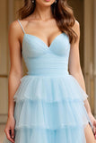 Sky Blue Tulle Tiered Spaghetti Straps A Line Prom Dress