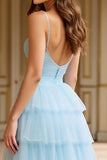 Sky Blue Tulle Tiered Spaghetti Straps A Line Prom Dress