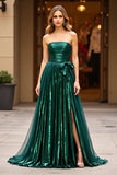 Glitter Dark Green A Line Strapless Ruched Prom Dress with Slit