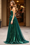Glitter Dark Green A Line Strapless Ruched Prom Dress with Slit