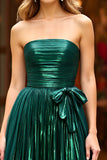 Glitter Dark Green A Line Strapless Ruched Prom Dress with Slit