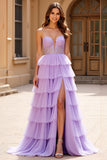 Lilac Lace Tulle Tiered Strapless Prom Dress with Slit