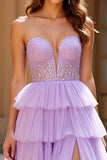 Lilac Lace Tulle Tiered Strapless Prom Dress with Slit
