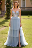 Sparkly Grey Blue Sequins Tulle Spaghetti Straps Prom Dress with Slit