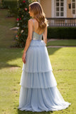 Sparkly Grey Blue Sequins Tulle Spaghetti Straps Prom Dress with Slit