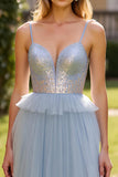 Sparkly Grey Blue Sequins Tulle Spaghetti Straps Prom Dress with Slit