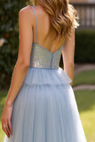 Sparkly Grey Blue Sequins Tulle Spaghetti Straps Prom Dress with Slit