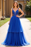 Royal Blue A Line Tulle Lace Spaghetti Straps Prom Dress with Beading