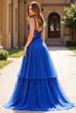 Royal Blue A Line Tulle Lace Spaghetti Straps Prom Dress with Beading