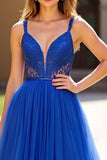 Royal Blue A Line Tulle Lace Spaghetti Straps Prom Dress with Beading