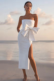 White Sheath Bow Tea Length Graduation Dress With Slit