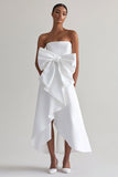 White A Line Ruffle Strapless Graduation Dress With Bow