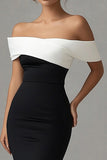 Matte Satin Mermaid Off the Shoulder Black Tie Dress with Slit