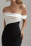 Matte Satin Sheath Off the Shoulder Black Tie Dress