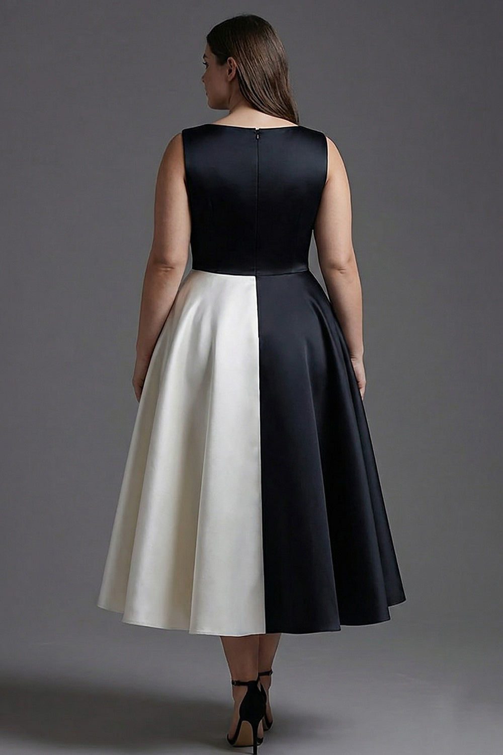 Zapaka Women Plus Size Black Tie Dress A Line Boat Neck Satin Tea Length Formal Dress, Black White / US12 Zapaka Women Plus Size Black Tie Dress A Line Boat Neck Satin Tea Length Formal Dress, Black White / US12