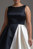 Plus Size A Line Boat Neck Satin Black Tie Dress