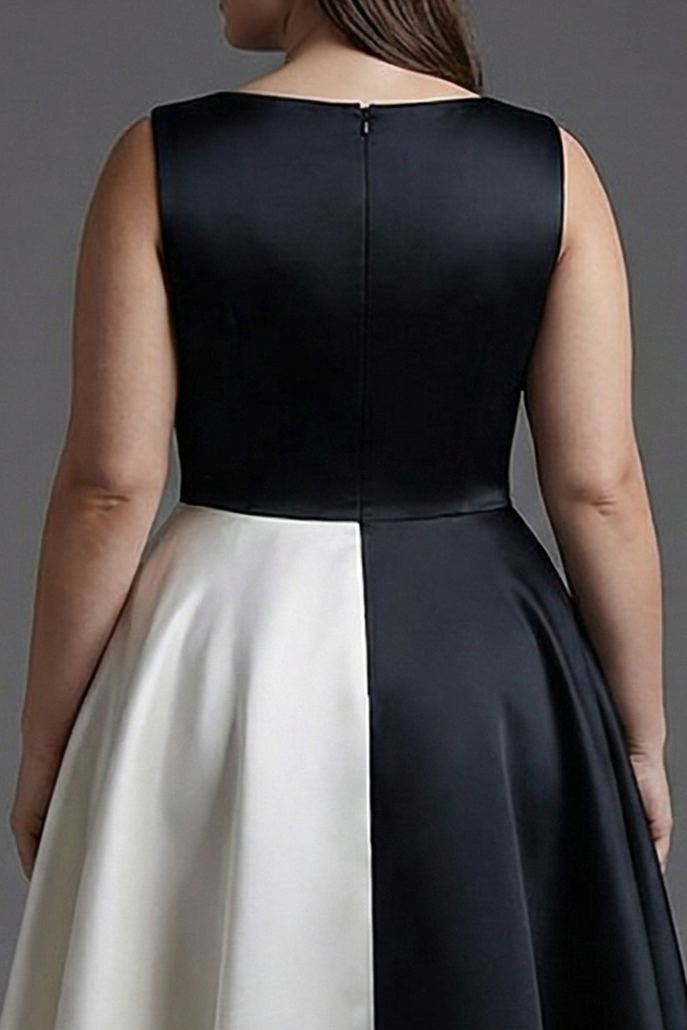 Zapaka Women Plus Size Black Tie Dress A Line Boat Neck Satin Tea Length Formal Dress, Black White / US12 Zapaka Women Plus Size Black Tie Dress A Line Boat Neck Satin Tea Length Formal Dress, Black White / US12